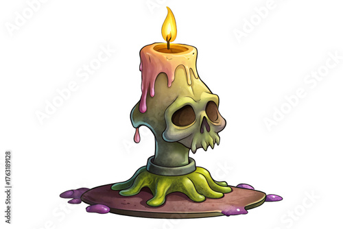 Ancient iron candle holder vector with wax melted over skull shaped base, flickering ominous light