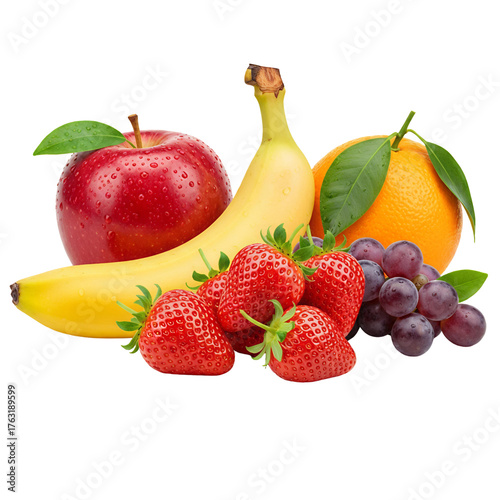 Fresh Fruits Assortment Apple Banana Orange Strawberries Grapes Transparent PNG