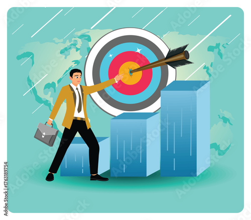 Goals concept. Businessman Reaching Target With Arrow Hit On Bullseye Behind Rising Bar Graphs.