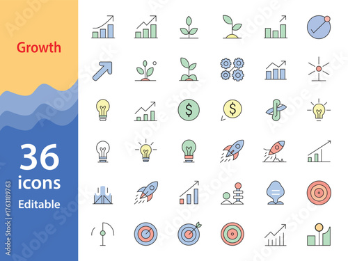 Growth Icon Set – Business Development, Success, and Progress Outline Vector Icons