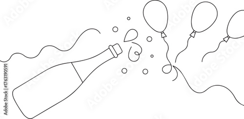 Champagne bottle opening one continuous line art, Vector illustration, One line art, Line art graphic style