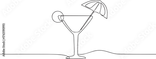 Cocktail glass with umbrella one continuous line art, Vector illustration, One line art, Line art graphic style