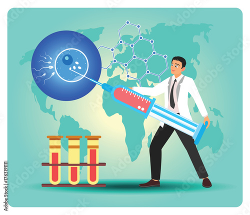 Artificial reproduction. Scientist Demonstrates Global Medical Research With Large Syringe Molecules