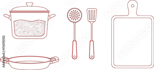 Cooking utensils kitchenware pot pan spatula vector illustration