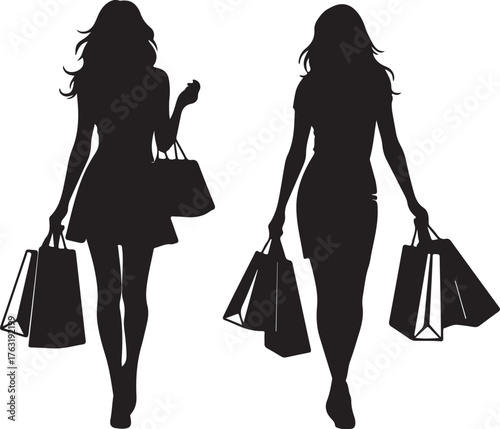 Two female silhouettes with shopping bags walking on white background woman also transparent background