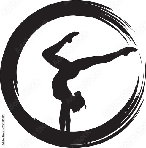 Silhouette of a gymnast performing a handstand within a circular brushstroke frame gymnastics sport also transparent background