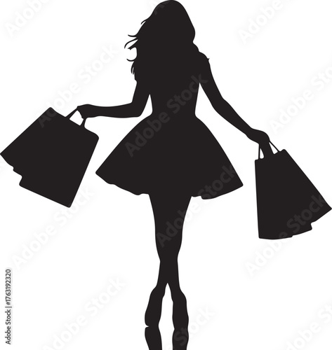 Silhouette of a woman in a dress holding shopping bags on a white background female also transparent background