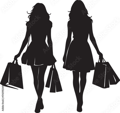 Two fashionable women silhouettes walking with shopping bags on a white background Keywords: silhouette, women, female, fashion, shopping, bags, walking, consumerism, also transparent background