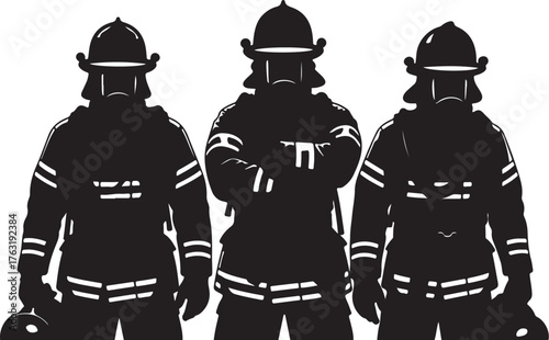 Three firefighters in silhouette wearing helmets and protective gear firemen rescue also transparent background