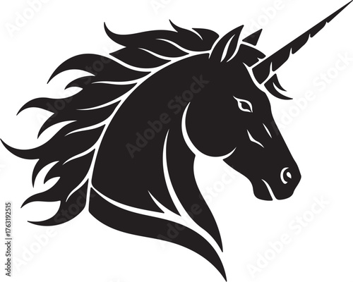 Black silhouette of a unicorn head with flowing mane and horn on a white background Keywords: unicorn, silhouette, horse, mythical creature, fantasy, legend, magic, also transparent background