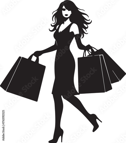 Silhouette of a woman in a dress and gloves holding shopping bags fashion style also transparent background