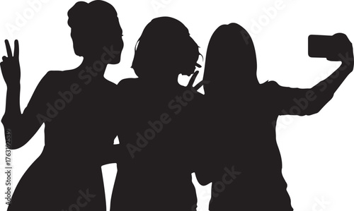 Silhouette of three women taking a selfie with peace signs on a white background Keywords: silhouette, women, girls, friends, selfie, taking photo, smartphone, mobile also transparent background