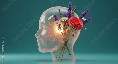 Crystal head blooms with vibrant flowers against a serene blue backdrop, symbolizing mental clarity and the beauty of inner thoughts, creating a peaceful atmosphere.