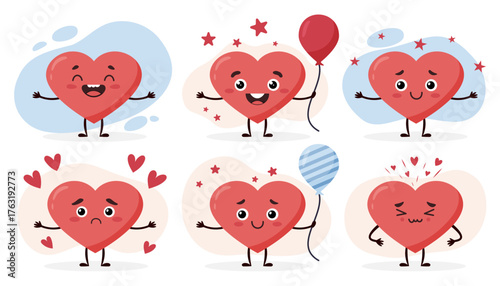 Playful hearts expressing various emotions with balloons and stars in a colorful setting, valentine day