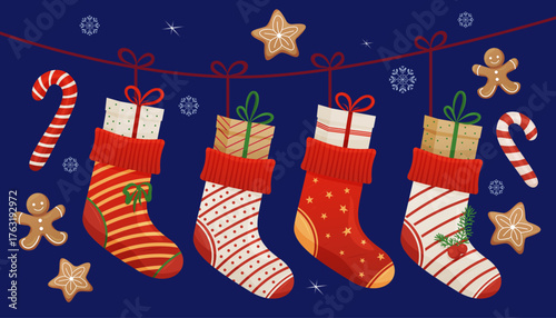 Christmas stockings with presents, blue background, holiday decoration and festive celebration