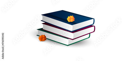 A stack of books with a red apple and magnifying glass represents education, learning, and the search for knowledge.