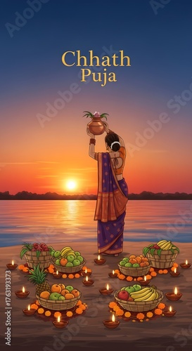 Chhath Puja festival celebration at sunset with woman offering prayers by river surrounded by traditional baskets of fruits and flowers