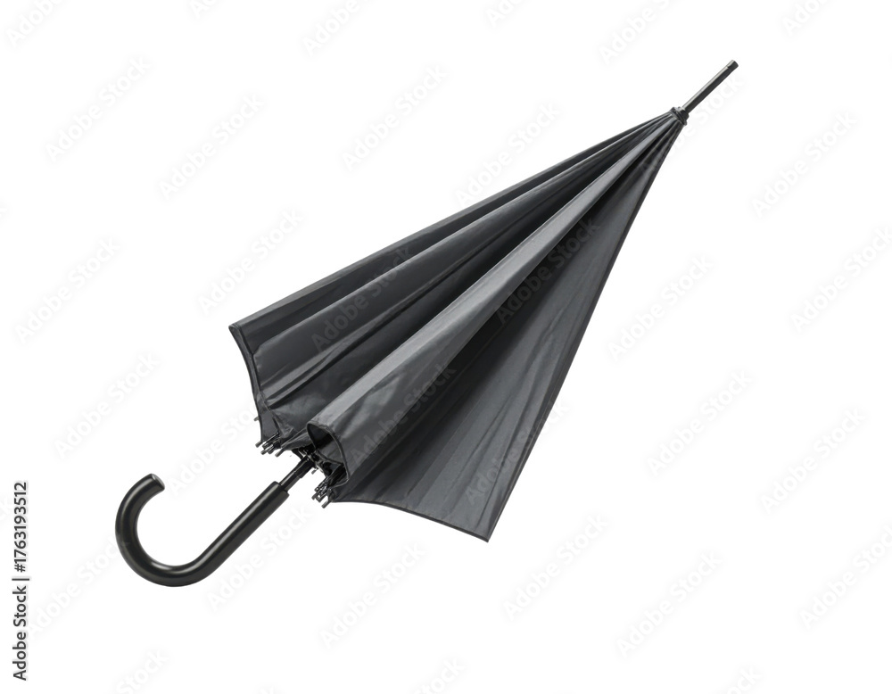 Obraz premium A closed black umbrella with a curved handle, showcasing its sleek design and fabric texture.