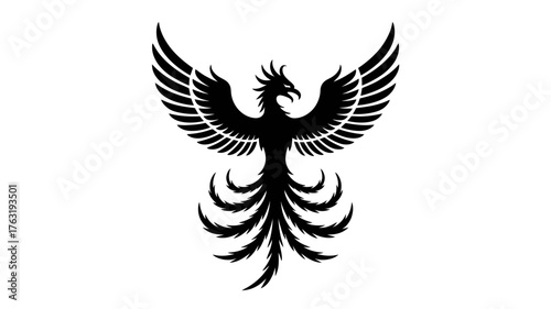 Majestic black phoenix with outstretched wings and long tail feathers, symbolizing rebirth and power.
