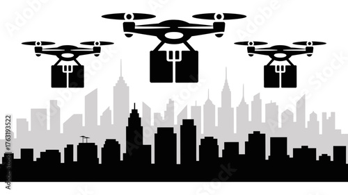 Drones deliver packages over a city skyline, showcasing futuristic logistics and urban delivery.