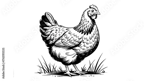Detailed black and white illustration of a hen standing in grass