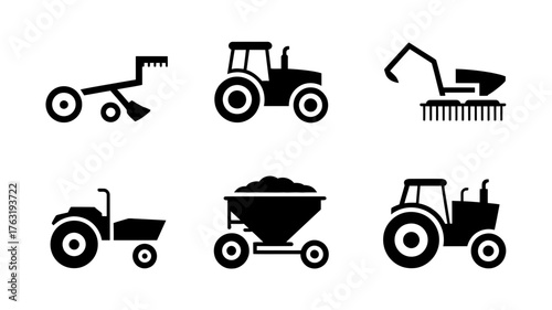 Collection of stylized black farm tractor and machinery icons on white background.