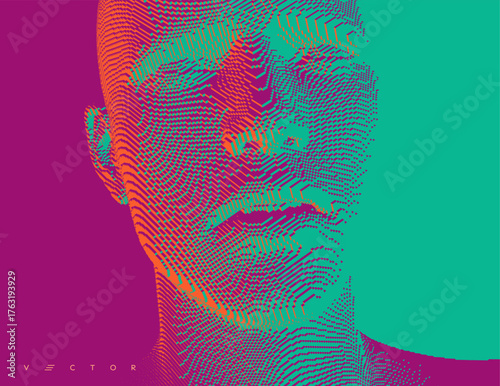 Abstract digital human head constructing from cubes. Technology concept. Voxel art. 3D vector illustration.