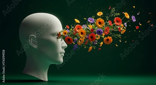 Abstract human head emits vibrant flowers on dark green surface, symbolizing creativity and imagination with a surreal and artistic mood.