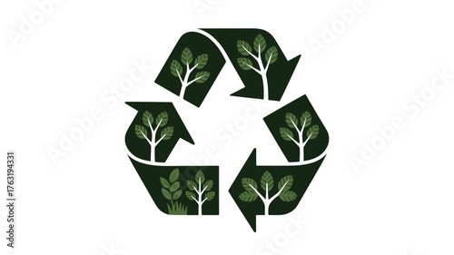 Green recycling symbol filled with lush trees and plants, symbolizing eco-friendly practices and nature.