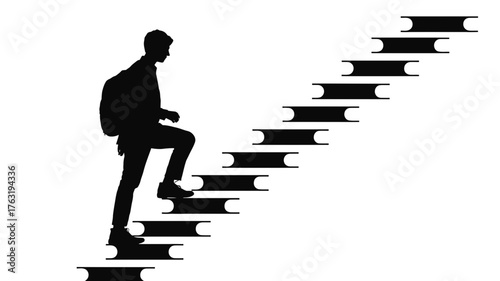 Silhouette of a determined person climbing stairs made of books, symbolizing education and progress.