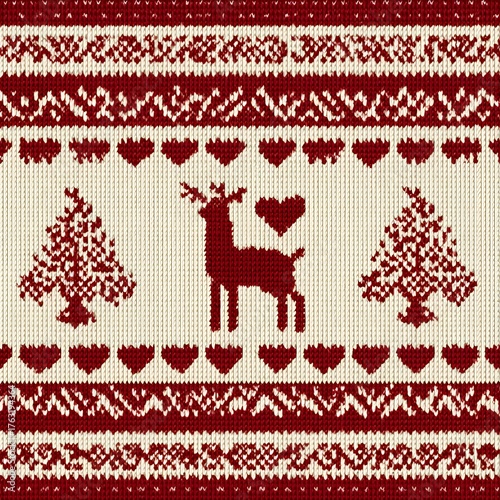Wallpaper Mural A festive knitted pattern featu a reindeer, Christmas trees, and hearts in red and cream is suitable for holiday season decorations. Torontodigital.ca