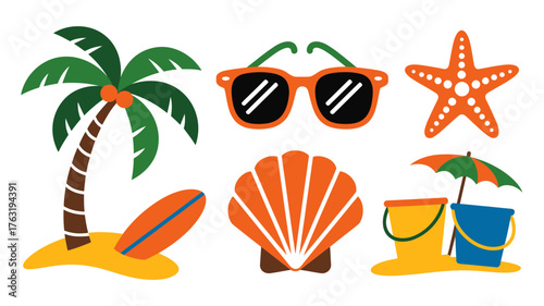 Vibrant beach icons evoking summer fun and vacation.