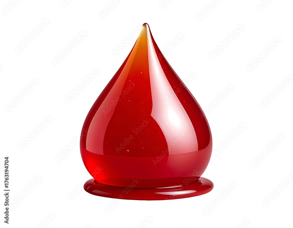 Fototapeta premium Gleaming, realistic drop of red fluid with highlights, set against a dark background