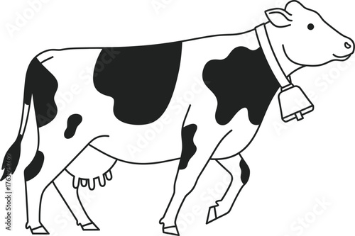 Cartoon black and white cow illustration with bell design