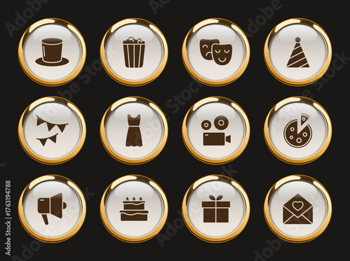 party gold rimmed vector icons. party celebration gold rimmed icon set for web, mobile apps, ui design and print polygraphy