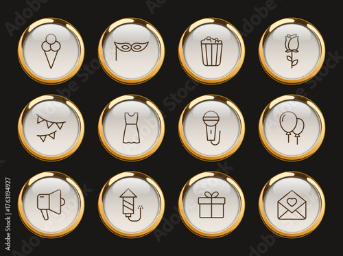 party gold rimmed vector icons. party celebration icon set for web and ui design, mobile apps and print polygraphy and promo advertising business