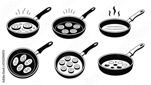 Sizzling food cooking in frying pans with steam rising, a collection of kitchen scenes