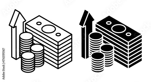 Linear isometric icon. Growth up and income from cash investments in shares and bank deposits. Simple vector isolated on white background