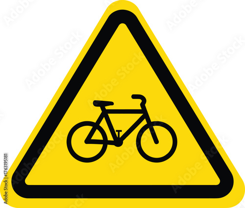 Yellow triangle warning sign with black bicycle silhouette bike