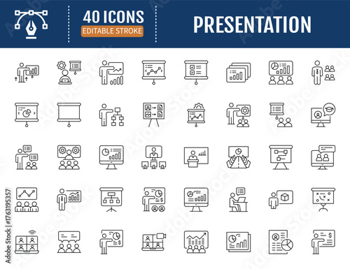 Presentation line icon set. Includes presentation,
slide, deck, chart, graph, diagram, visual, report,
display, screen and more. Vector Illustration with
Editable Strokes