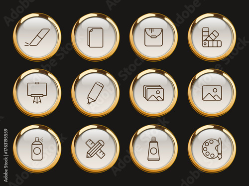 art tools gold rimmed icons. art tools gold rimmed icons for web and ui design, mobile apps, print polygraphy and promo advertising business