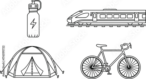 Travel and adventure icons modern train bicycle tent and bottle