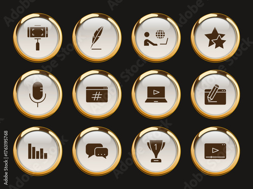 blog gold rimmed vector icons. blogger gold rimmed icon set for web, mobile apps, ui design and print polygraphy