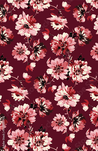 Abstract solid vector textile design, arrangement with monochrome big rose flowers, all-over seamless pattern with red and pink tone color illustration, digital image printing factory