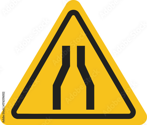 Yellow triangular road sign showing a narrowing road ahead warning traffic