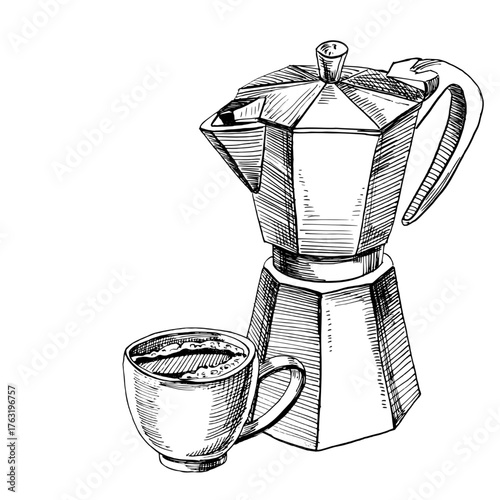 A geyser coffee maker and a cup of coffee. A realistic coffee-themed vector illustration for coffee shop interiors, menu design, packaging printing, kitchen accessories, and textiles.