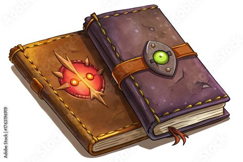 Old leather journal vector with faded ink and cryptic symbols, emitting strange aura of haunted mystery, on white isolated background