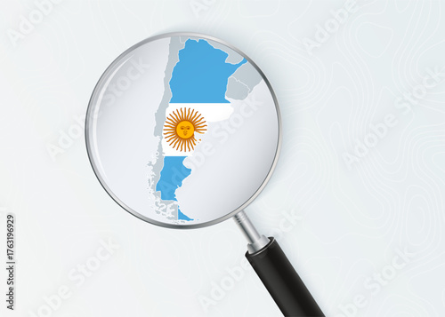 Argentina Map Under Magnifying Glass with National Flag Overlay.
