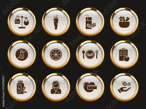 healthy food gold rimmed icons. healthy food gold rimmed icon set for web, mobile apps, ui design, print polygraphy and promo advertising business