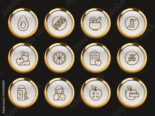 healthy food gold rimmed icons. healthy food gold rimmed icons for web and ui design, mobile apps, print polygraphy and promo advertising business